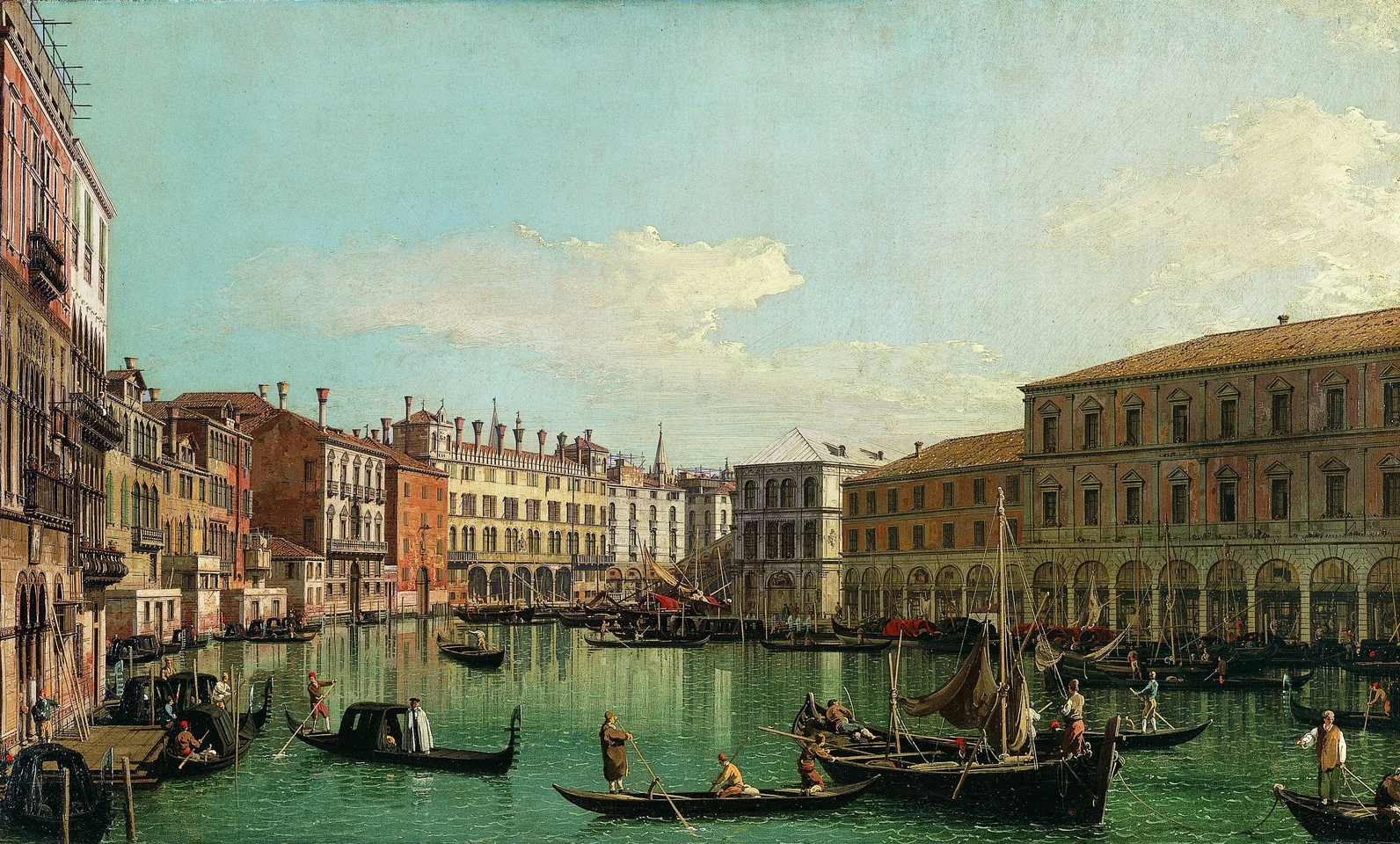 Canaletto painting of Venice's Grand Canal with gondolas and palaces