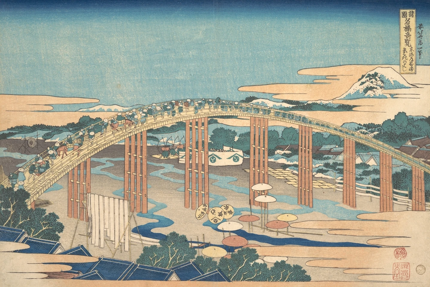 大きな橋を渡る旅人を描いた、北斎の東海道岡崎の木版画